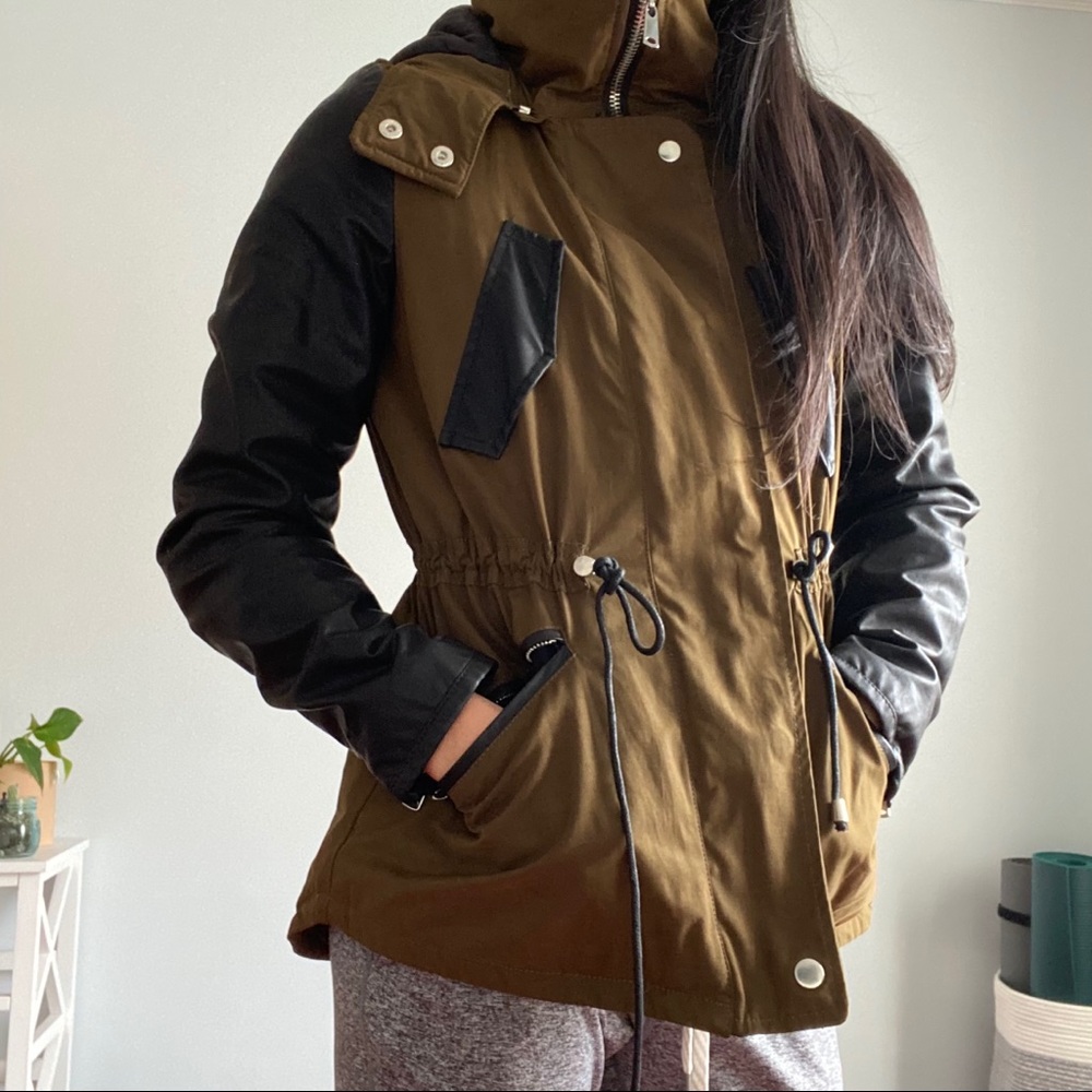 Zara Faux Leather and Olive Green Parka XS